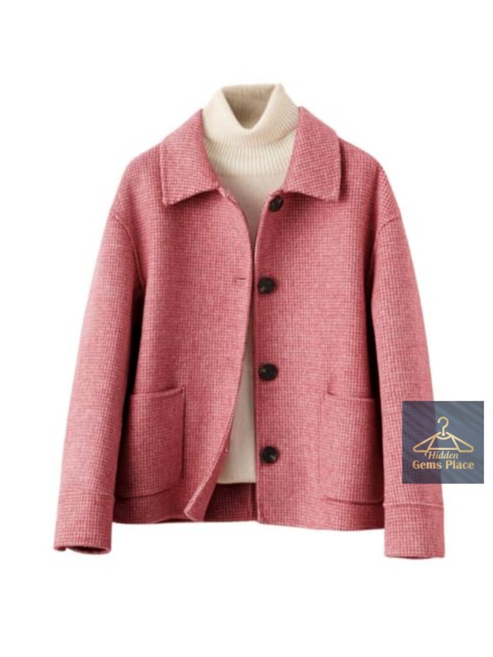 Wool Blend Houndstooth Cropped Pea Coat Button Front Pockets